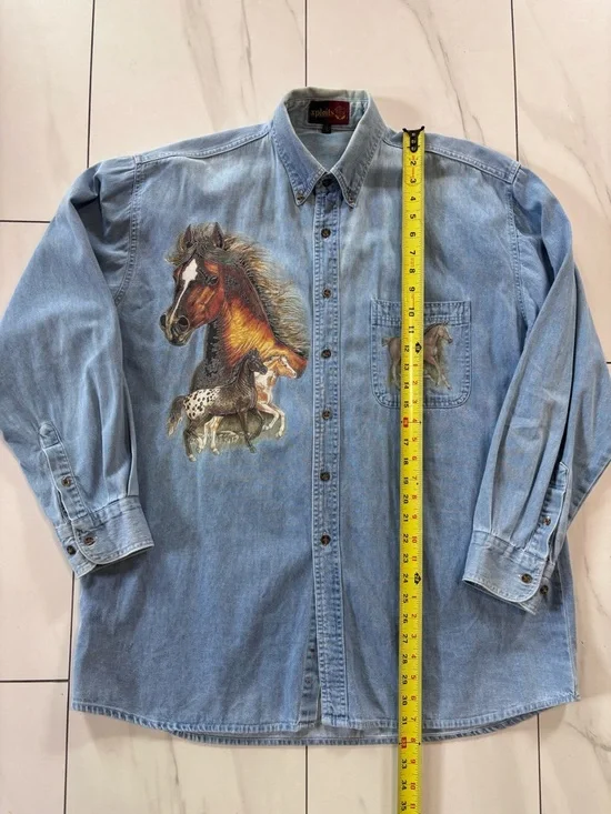 Vintage 100% Cotton Horse Graphic Denim Western Shirt - Oversized Boyfriend Fit - Picture 8 of 9